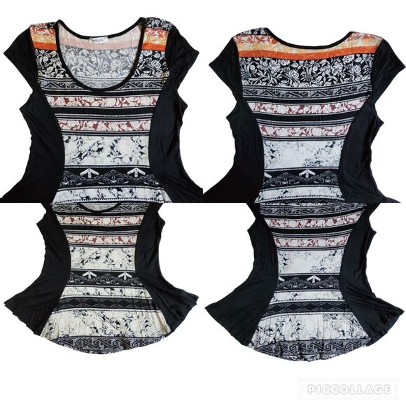 PERSAYA Black White Orange Brown Mixed Print Short Sleeve Top L - Picture 3 of 11